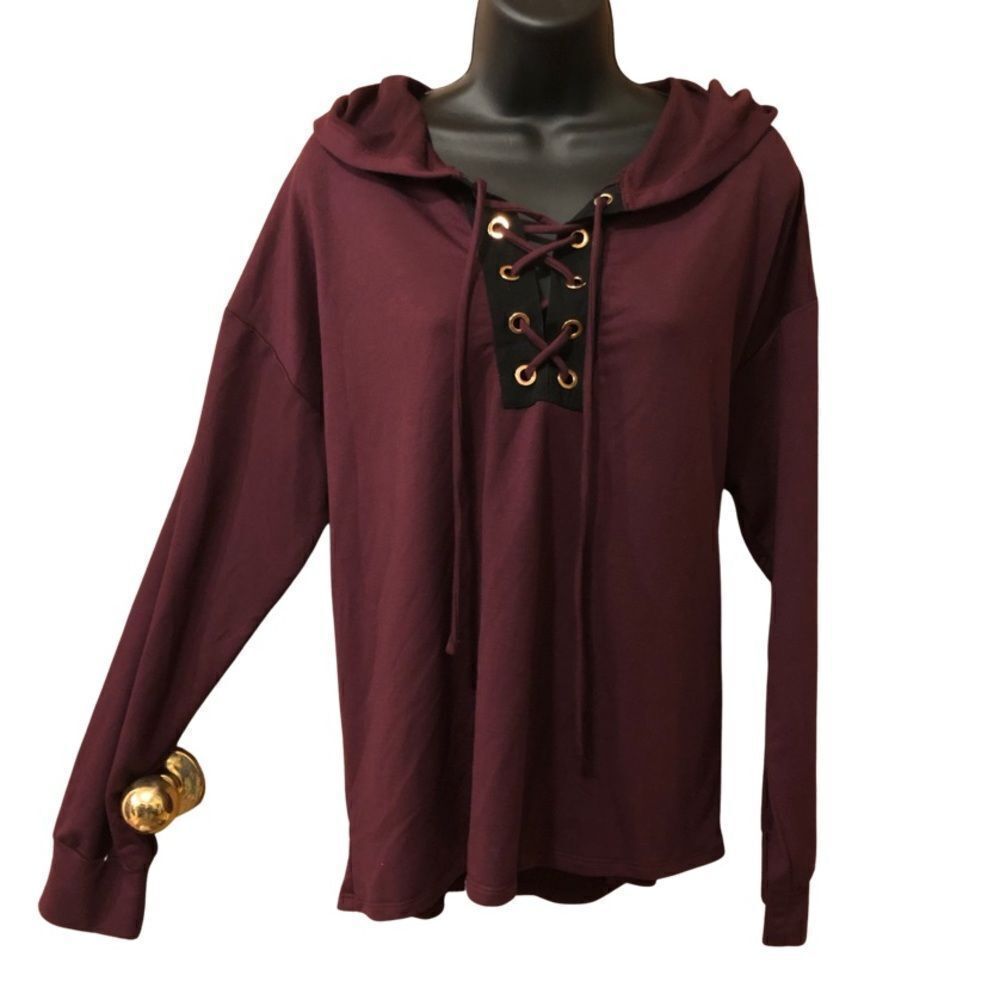 Hippie Chic Long Sleeve Hooded Burgundy Hoodie | Women Size L